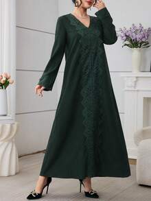 Al Najma Green Lace Trim Casual Everyday Arabic Style Dress For Women - Dark Green - View 5