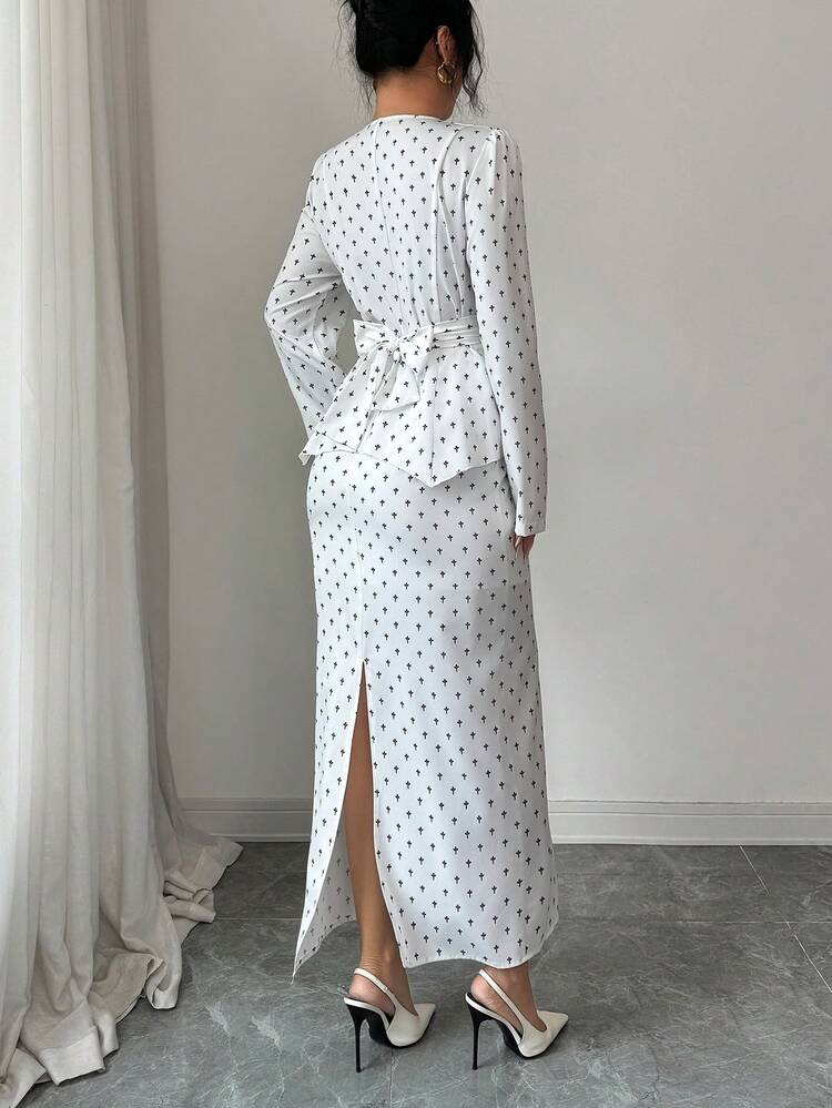 Rafferiza Conjunto de 2 piezas de blusa elegante con botones de perla + falda midi con abertura - Blanco - Añade 2