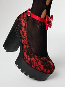 ROMWE Women's Sexy Lace Floral Platform High Heel Pumps, Fashionable Red Bow Ankle Strap Decor, Thick Waterproof Chunky Heel Mary Jane Shoes For Nightclub Party For Christmas - Red - View 3