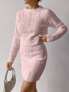 EURMUSE Elegant Texture Knit Hollow Out Sweater & Sweater Skirt Co-Ords 2 Pieces Set - Baby Pink - View 3