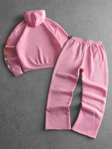 Manfinity EMRG 男士十字印花长袖连帽衫和抽绳腰带运动裤休闲宽松套装 - 粉色 - 查看 2