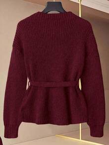 GlowEve Áo len cardigan cổ chữ V mới dành cho nữ, phong cách Âu Mỹ, phối màu thanh lịch, thời trang tối giản - Màu Đỏ Sâu - Xem 2