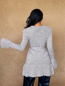 Islaluna Women's Basic Minimalist Elegant French Fashion Romantic Tie Front Cardigan - Light Grey - View 2