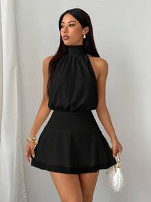 SHEIN PETITE Váy voan nhún eo cổ yếm gợi cảm và thanh lịch dành cho nữ - màu đen - Xem 6