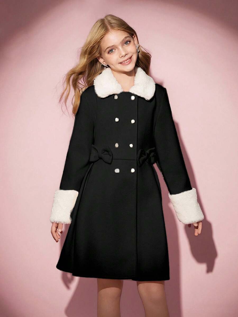 Áo khoác len cơ bản thanh lịch, giản dị cho bé gái, có cổ lông, trang trí nơ, dáng chữ A, thu/đông - màu đen - Xem 1