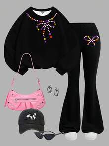Retro Sweet Cute Bow Pattern Print, Tracksuit, Tween Girls Knit Crew Neck Letter Graphic Loose Sweatshirt And Flare Pants Casual 2 Piece Set - Multicolor - View 2