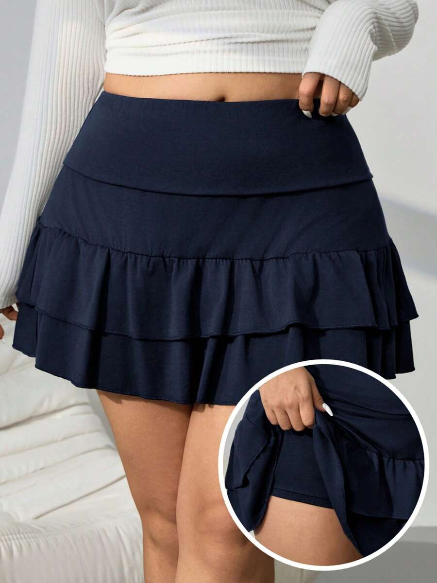 SHEIN EZwear Navy Blue Solid Color Knit Fabric Mini Skirt, With Ruffled Layered Design, Women Navy Blue Skirt, Ruffle Hem Skirt Navy Skirt Dark Blue Skirt - Navy Blue - View 1