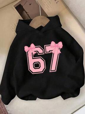 Cozy Fall & Winter Styles, Girls Casual Fashion Creative Personalized Fresh Minimalist Pink Number 67 & Bow Graphic Print Hoodie Sweatshirt, Comfortable Outfit For Autumn/Winter