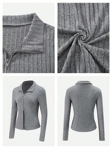 Nuvra 女士长袖拉链设计休闲百搭约会T恤，秋冬款 - 灰色 - 查看 3