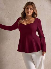 Elegantrix 大码女式甜心领方领荷叶边下摆休闲衬衫 - 酒紅色 - 查看 3