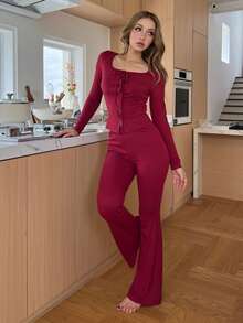 SHEIN 女士性感纯色弹力针织甜心领系带装饰长袖修身纽扣装饰睡衣套装，冬季服装 - 紅色 - 查看 9