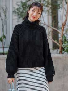 FRIFUL Women's Autumn/Winter Side Stripe High Neck Raglan Sleeve Loose Knit Sweater - Black - View 2