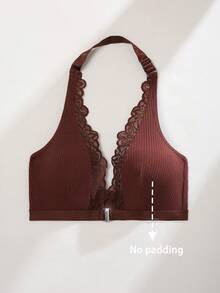 Elegant Sexy Front Closure Romantic Lace Patchwork Halter Bra - Coffee Brown - View 6