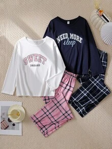 SHEIN 4 件套女童字母印花长袖上衣 + 格子裤休闲家居服套装 - 彩色 - 查看 3