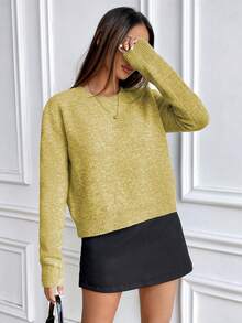 EMERY ROSE 宽松纯色圆领针织长袖毛衣 - 黃色 - 查看 3