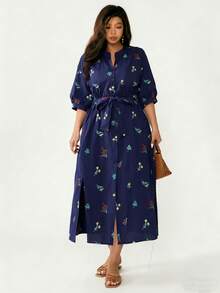 Nubod Đầm sơ mi tay bồng thêu hoa thời trang mùa hè dành cho nữ cỡ lớn có túi và thắt lưng - Màu xanh lam - Xem 5