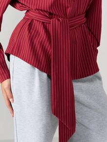 MISSGUIDED Belted Stripe Deep Cuff Poplin Shirt In Burgundy And White, Women - Burgundy - View 6