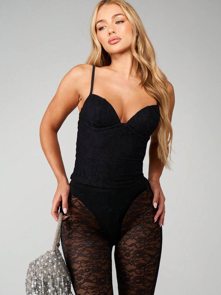 MISSGUIDED Lace Heart Neck Camisole Top With Underwired Bust And Sheer Floral Design For Evening Occasions