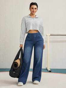 Flexra Blugi damă de culoare solidă, talie medie, casual, croială dreaptă, lejeră, cu buzunare, versatili - Spălare întunecată - Vizualizare 7