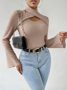 RosyDaze Áo thun tay dài dáng rộng raglan cổ cao màu trơn, tay loe, bo gân, khoét lỗ - Lạc đà - Xem 6