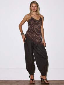 MUSERA Elegant Lace Trim Satin Camisole Top Lingerie Style Evening Wear Adjustable Spaghetti Straps V Neck Sleeveless Classic Tank Top Festival Summer Spring Asymmetric Hem Valentines - Brown - View 4