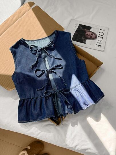 Comfortcana 大码牛仔夹克，休闲宽松系腰蝴蝶结装饰荷叶边，蓝色