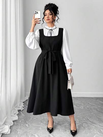 SHEIN Elenzya 大码女士优雅长袖黑白拼接A字连衣裙，荷叶边领，适合日常通勤和外出，秋季款
