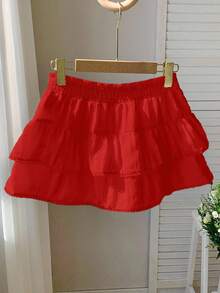 Comfortcana Women's Solid Color Elastic Waist Double Ruffle Hem Fashionable Skirt - Red - View 2