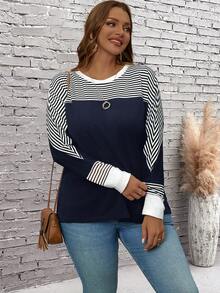 EMERY ROSE Plus Size Casual Striped Patchwork Batwing Long Sleeve T-Shirt, Autumn - Navy Blue - View 3