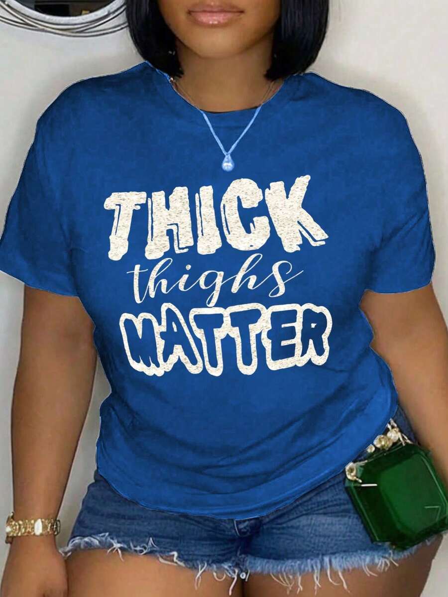 Maweii Áo thun tay ngắn cổ tròn in chữ cỡ lớn, áo phông họa tiết MATTER dành cho nữ - Màu xanh lam - Xem 1