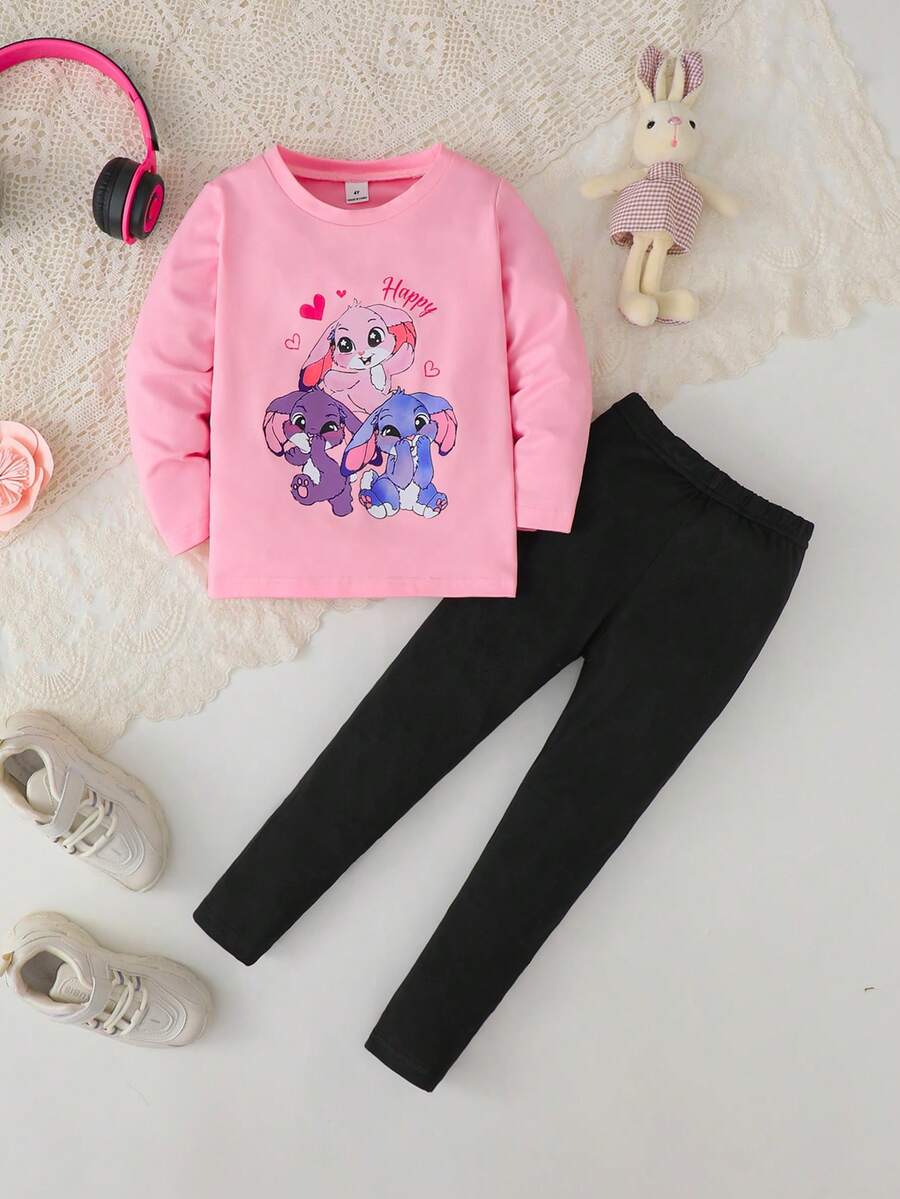 SHEIN 2件組女童時尚休閒卡通可愛動物藍色兔子紮染數位印花長袖上衣與內搭褲套裝,舒適春/秋季穿著,適合外出、聚會、上學 - 粉色 - 查看 1