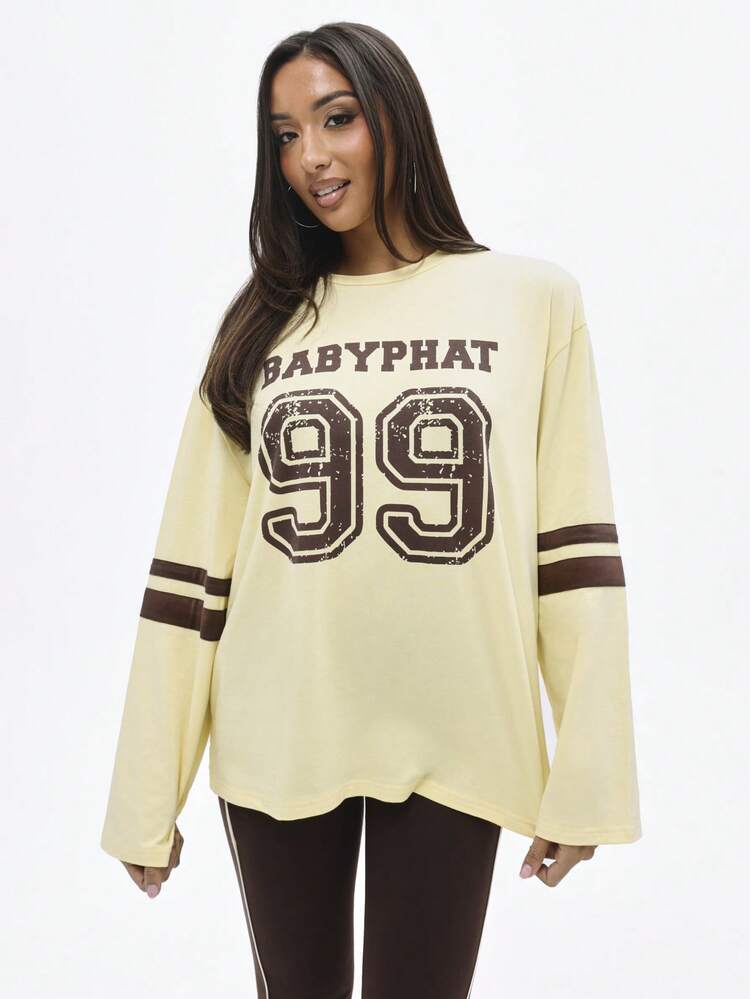 BABYPHAT 99 ダメージ加工 ナンバー ロングスリーブ グラフィックTシャツ、バーシティーストライプ、オーバーサイズフィット カジュアル デイリー着用