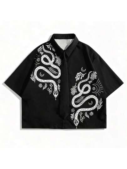 Prep Men's Contrast Color Snake Print Dark Academia Style Short Sleeve Shirt
