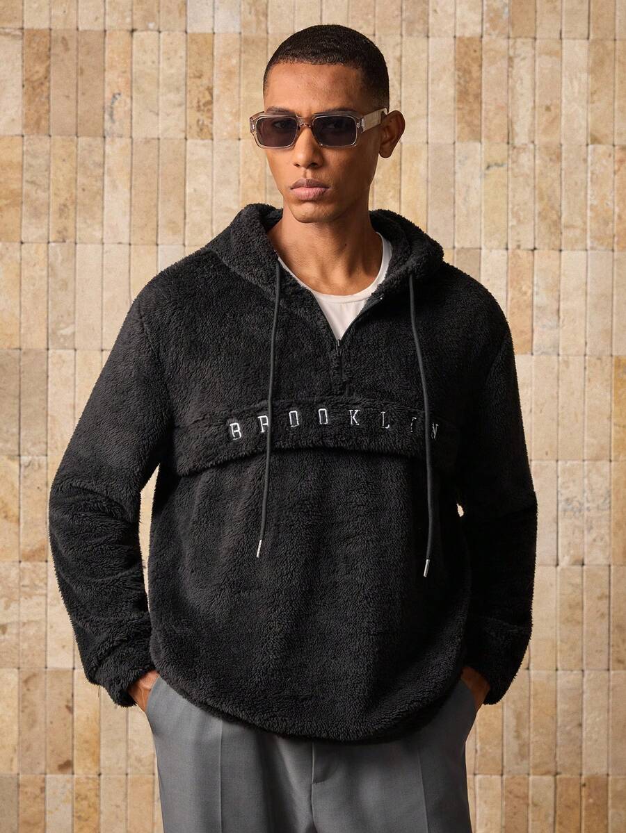 Manfinity VCAY Men Drop Shoulder Teddy Drawstring Hoodie, For Fall Winter - Black - View 1