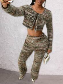 Lureya Autumn/Winter Sexy, Gentle, Night Out Style 2-Piece Set: Long Sleeve Open Front Cropped Cardigan With Fitted Silhouette, High Waist Skinny Pants; Fuzzy Knit Fabric, Colorblock Striped Knit Material, Fuzzy Yarn, Front Button Closure, Waist Cutout Design; Suitable For Party, Night Out, Clubbing, Birthday, Holiday, Streetwear, Christmas,Thermal,Warm,Cold Weather Clothes - Multicolor - View 4