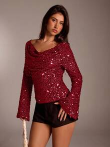 Avantive Women's Long Sleeve Backless Sequin Fashionable Plunging Neck Fitted Flare Sleeve Top Red Sequin Top Dark Red Top Sparkle Top Glittery Top - Red - View 2