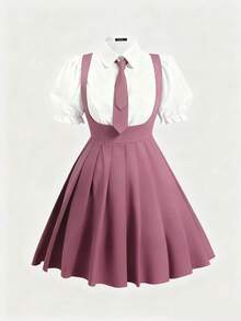 Sweetra 大码女式休闲束腰短袖连衣裙 - 藕粉色 - 查看 1