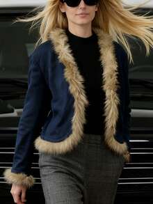 INAWLY Women's Suede Fur Collar Fitted Jacket, Autumn/Winter - Navy Blue - View 1