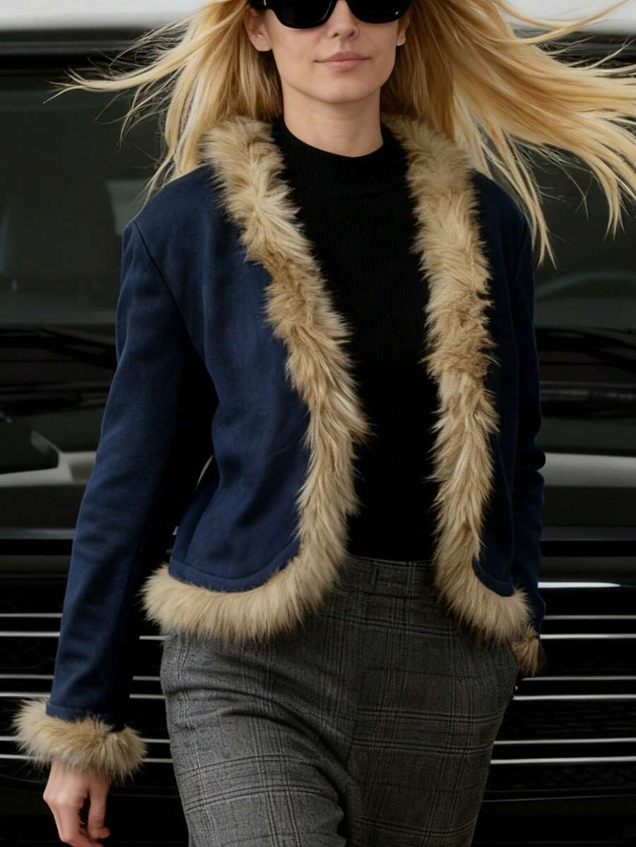 INAWLY Women's Suede Fur Collar Fitted Jacket, Autumn/Winter - Navy Blue - View 1