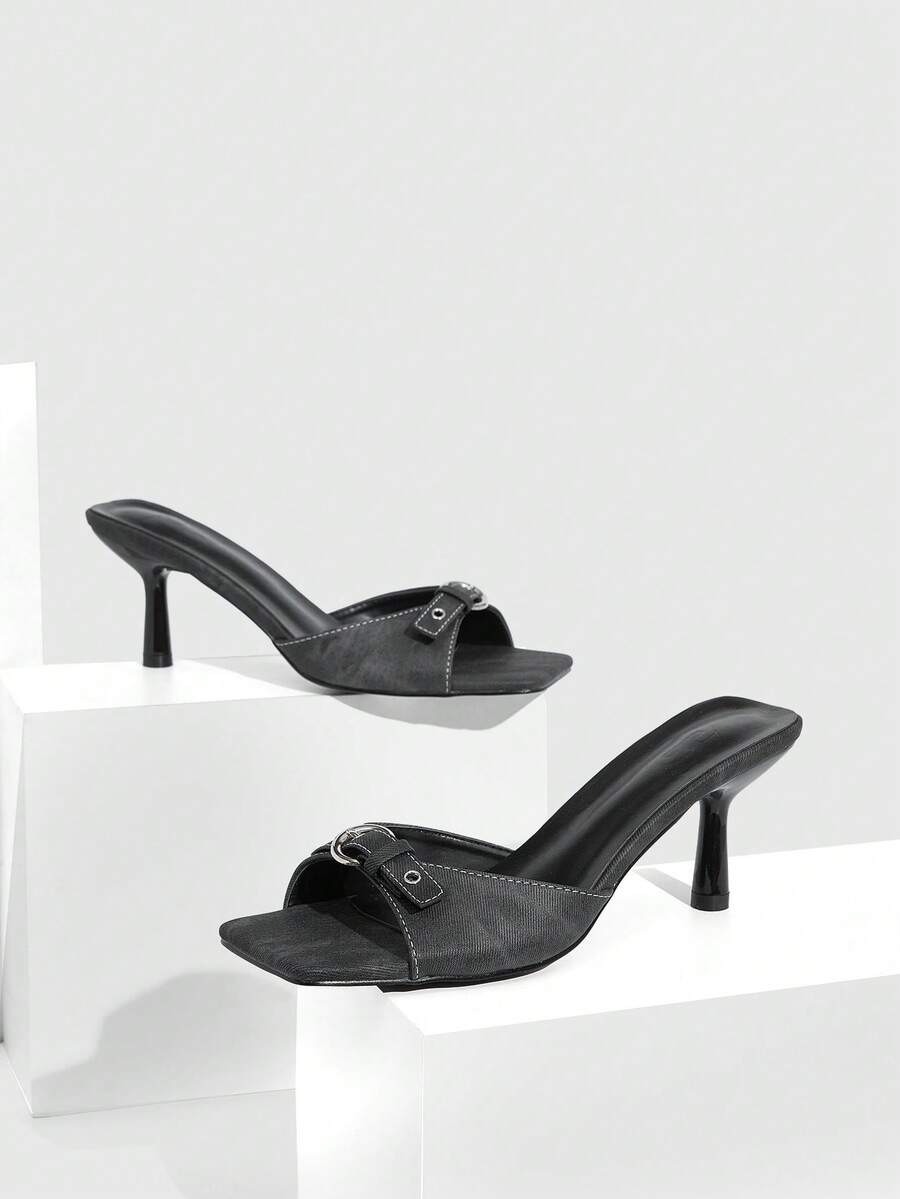 CUCCOO SZL 女士方头搭扣设计时尚优雅高跟凉鞋 - 黑色 - 查看 1