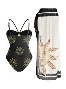 Swim Oasis Conjunto de 2 piezas de traje de baño de una sola pieza y falda larga de playa con estampado romántico de sol y decoración de metal en estilo bohemio elegante para vacaciones en la playa - Multicolor - Ver 2