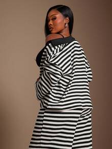 SHEIN SXY Plus Size Women's Sexy Vacation Black And White Striped Drop Shoulder Long Sleeve Shirt And Mid-Waist Trousers Two Pieces Set - Black and White - View 2