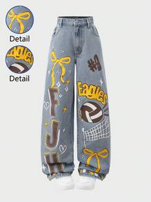 SHEIN 少女新款时尚做旧喇叭牛仔裤，饰有雪花、字母和蝴蝶结图案，柔软舒适，适合秋冬季节、休闲、派对、度假和返校穿着。 - 藍色 - 查看 3