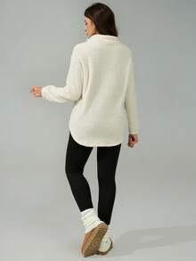 SHEIN Tall Women's New Letter Pattern Stand Collar Double-Sided Fleece Sweatshirt And Tight Fleece Leggings Set, Autumn/Winter - Black and White - View 2