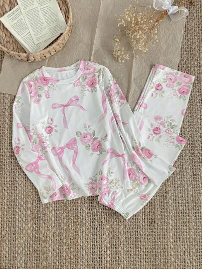 Girls Floral Bow Print Crew Neck Long Sleeve Top And Leggings Pajama Set, Winter Flower Girl Pjs Girls Lounge Set Little Girl Pajama Set Valentine's Day
