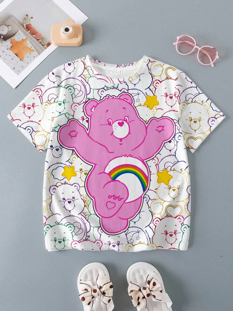 SHEIN X Care Bears Tween Girl Summer Cute Cartoon Bear Print Short Sleeve T-Shirt, Casual Daily Wear Care Bear Shirt Girls Bear Top Cartoon Shirt Kawaii Shirt - White - View 1