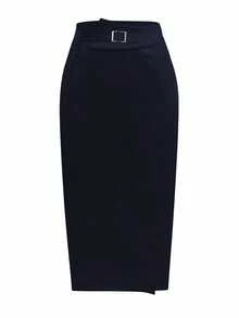 Elenzga Plus Size Women's Elegant Buckle Waist Pencil Skirt, Bodycon