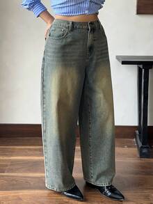 Dazy Plus Vintage Washed Loose Straight Leg Maxi Jeans, Street Style Plus Size Women Long Denim Pants, All Season