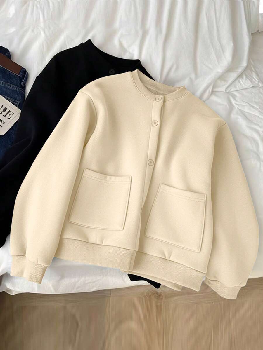 Franclia Women's Solid Color Long Sleeve Single-Breasted Casual Double Pocket Regular Jacket - Apricot - View 1