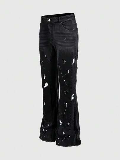 Street Life Jeans de mezclilla con patrón de bordado de cruz para hombres